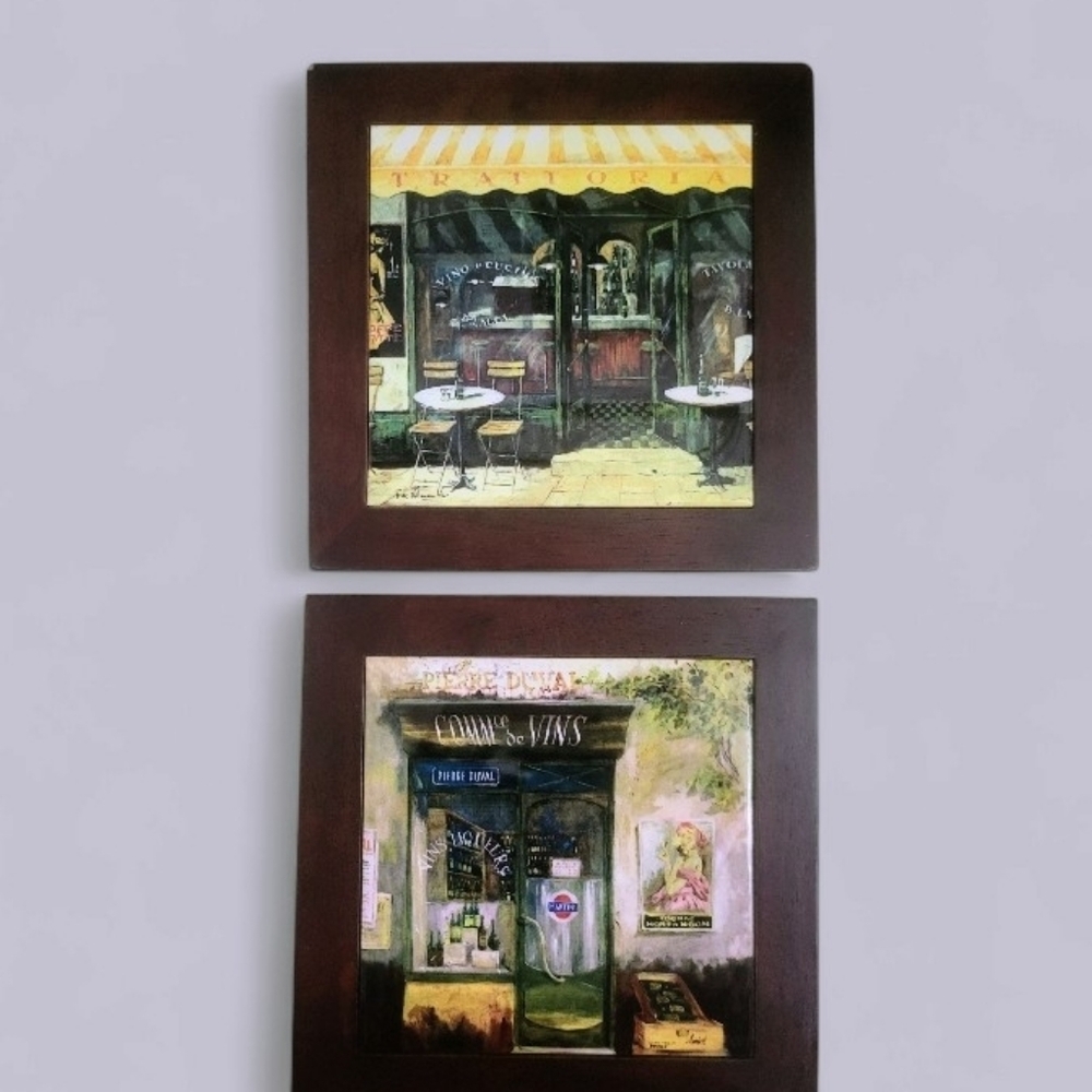 Vintage French Store And Cafe Ceramic Tile Wood Framed Set Wall Hang Trivet